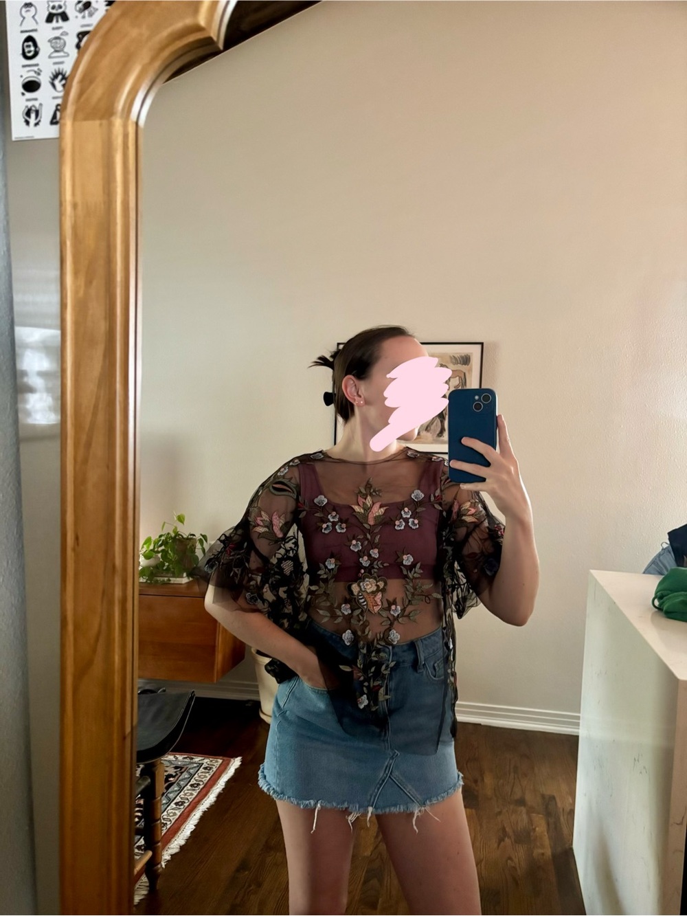 Zara Black Sheer Floral Embroidered Blouse XS